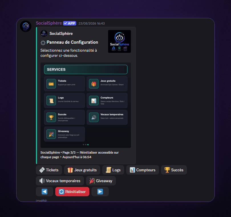 Panneau de configuration réel de SocialSphère : services (tickets, logs, compteurs, succès, giveaway)